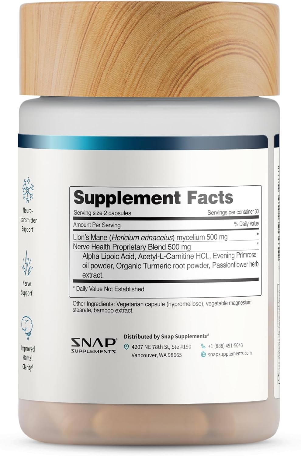 Snap Supplements Nerve Health Support with Lion's Mane, 60 Vegan Capsules | Organic Turmeric Neuropathy Supplement, Supports Mental Clarity, Focus & Healthy Nerve Function, Gluten-Free, Non-GMO