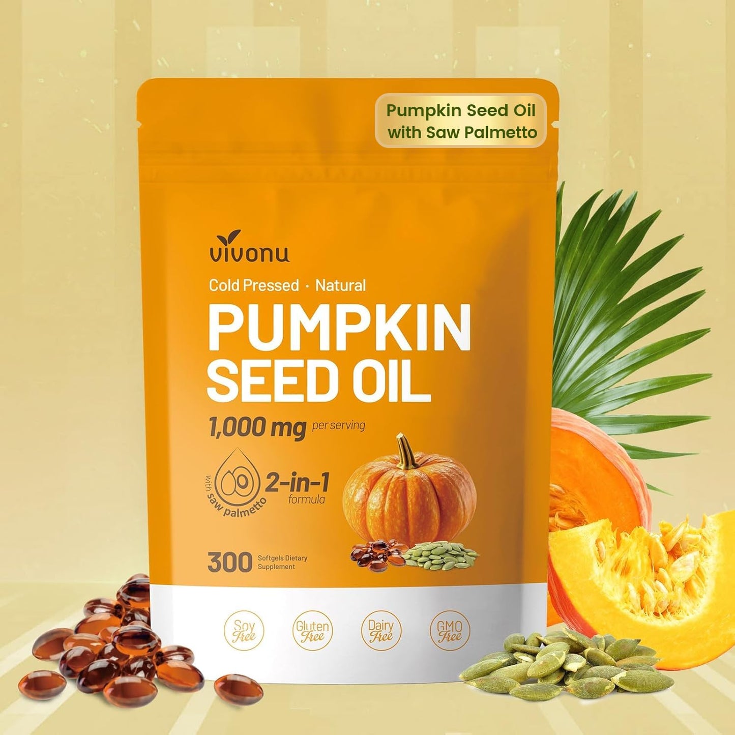 VivoNu Saw Palmetto Capsules Extract 8 in 1, Pumpkin Seed Oil - Supports Prostate Health, Relieves Urination Issues, Supports Hair Growth, DHT Blocker 240 Softgels