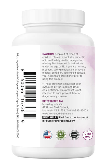 Micro Ingredients Multi Collagen Pills, 240 Capsules | Type I, II, III, V, X | Hydrolyzed Peptides with Biotin, Hyaluronic Acid, & Fat Soluble Vitamin C Complex | Non-GMO, Filler Free