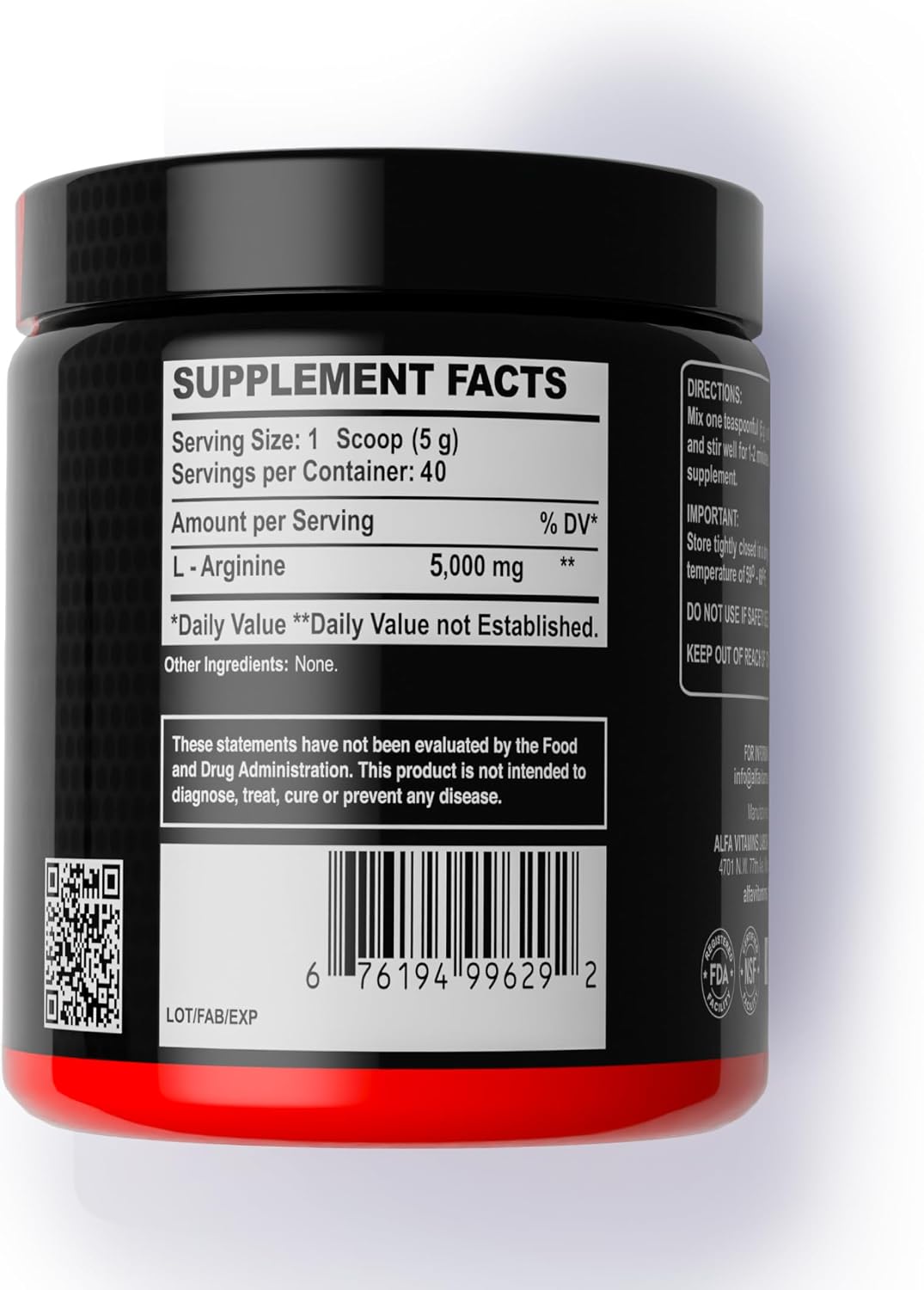 ALFA Sports Maximum L-Arginine Powder 5000mg – Nitric Oxide Booster for Muscle Pump, Energy & Circulation – Pure Amino Acid Supplement – Unflavored 200g Jar
