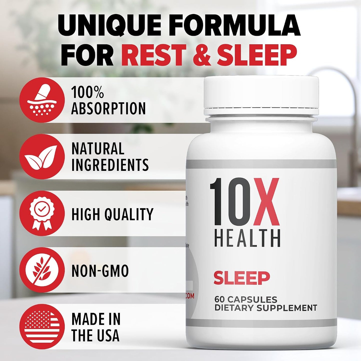 10X Health Sleep Supplement - 60 Capsules | Melatonin 3mg: L-Theanine & Magnesium, 3-in-1 Natural Sleep Support, 60 Capsules