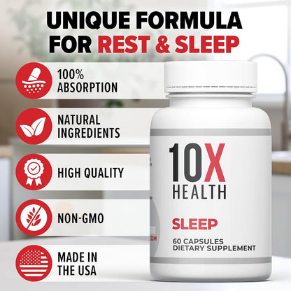 10X Health Sleep Supplement - 60 Capsules | Melatonin 3mg: L-Theanine & Magnesium, 3-in-1 Natural Sleep Support, 60 Capsules