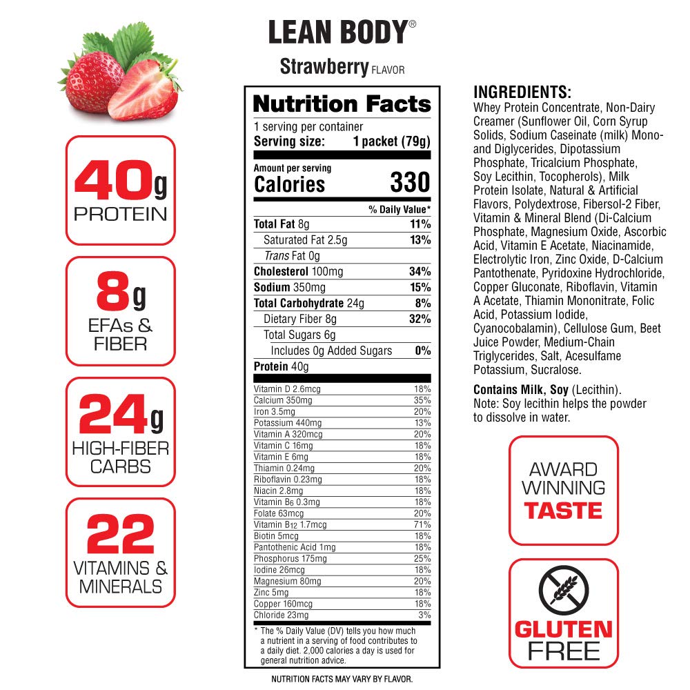 Lean Body All-In-One Strawberry Meal Replacement Shake. 40g Protein Whey Blend
