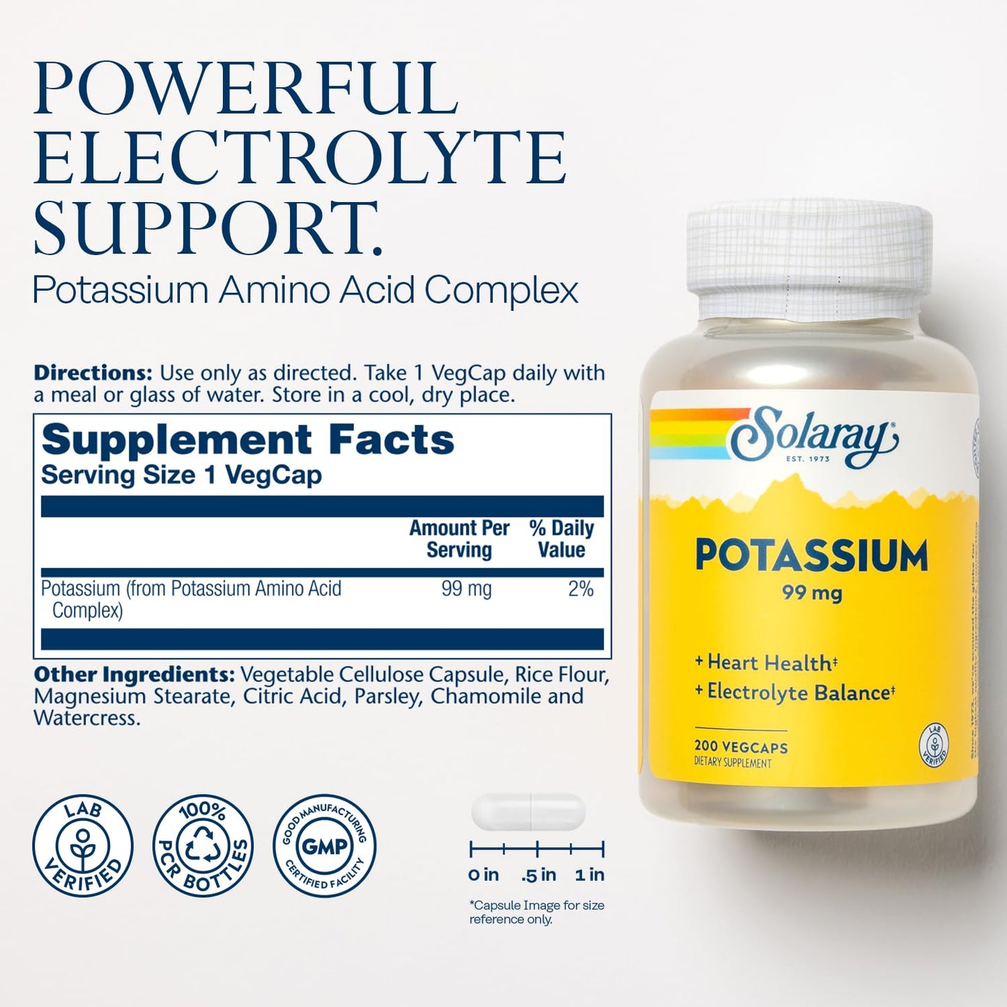 SOLARAY Potassium 99 mg - Electrolyte Balance Formula - Potassium Supplement for Electrolytes, Vascular and Heart Health Support, Lab Verified, 200 Servings, 200 VegCaps