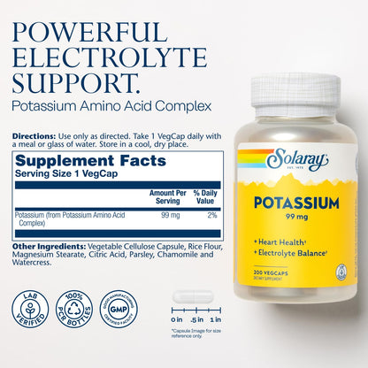 SOLARAY Potassium 99 mg - Electrolyte Balance Formula - Potassium Supplement for Electrolytes, Vascular and Heart Health Support, Lab Verified, 200 Servings, 200 VegCaps