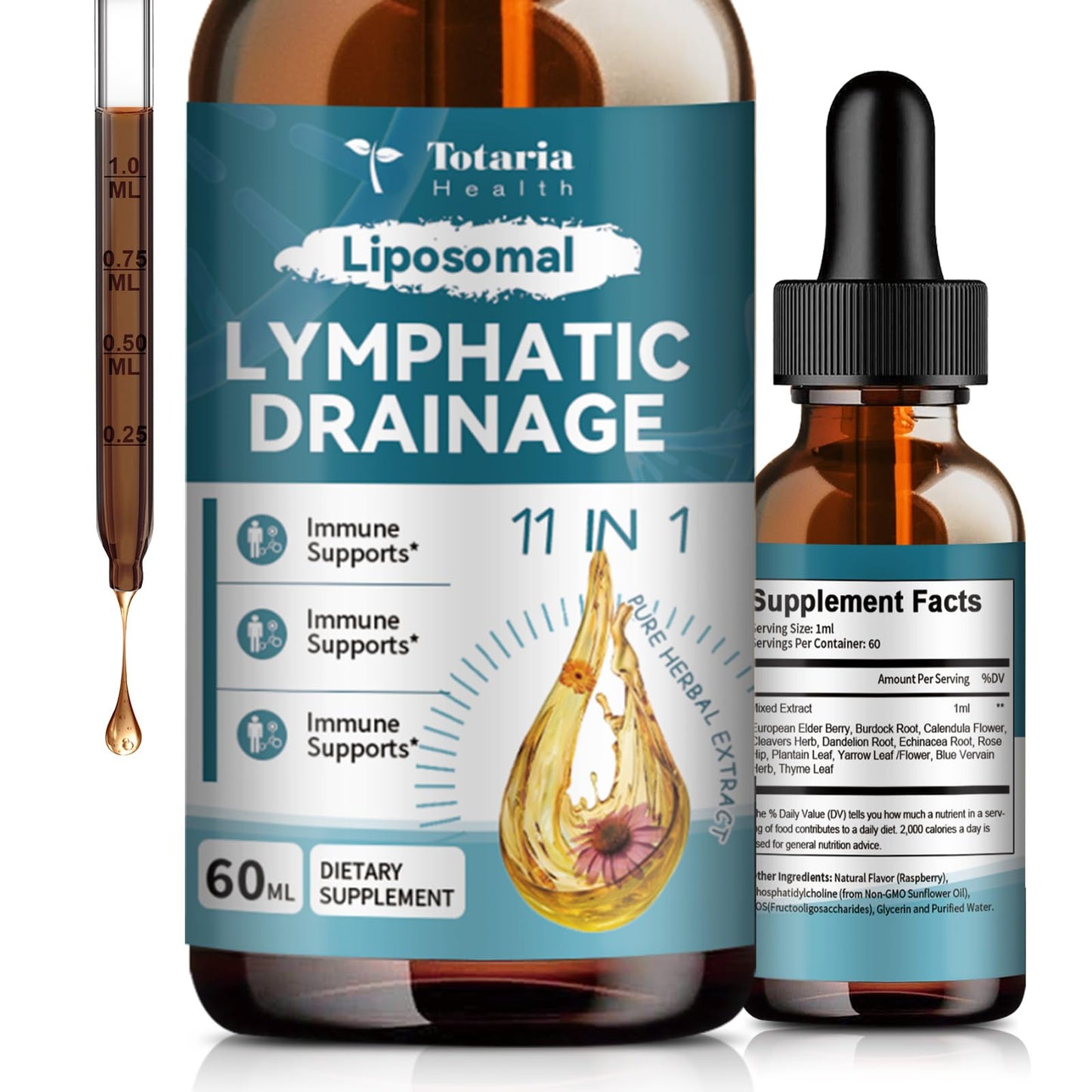Liposomal Lymphatic Drainage Drops - 11 In 1 Organic Lymphatic Drainage Supplement with Burdock Root, Echinacea, Elderberry, Calendula, Cleavers Herb, Dandelion Supports Lymphatic Health 2 FL.OZ