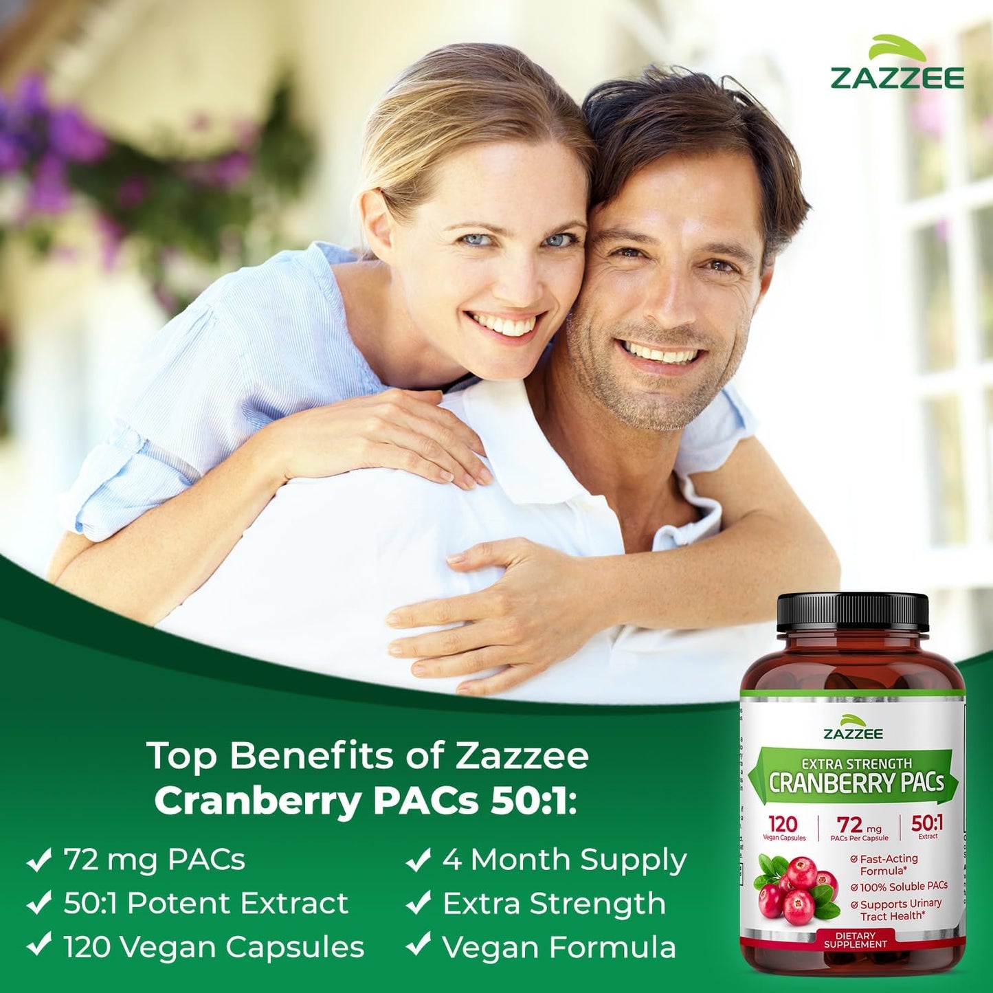 Zazzee Cranberry PACs 72 mg per Capsule, 50:1 Extract, 120 Vegan Capsules, 2X Strength, 4 Month Supply, Fast-Acting, Effective Urinary Tract & Bladder Support, 100% Soluble PACs, Made in the USA