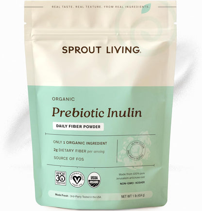 Sprout Living Organic Inulin with FOS Prebiotic Powder, Soluble Fiber for Leaky Gut, Bloating, Digestion, Feed Friendly Bacteria (Probiotics), 1 Scoop Daily, 1 lb (90 Servings)