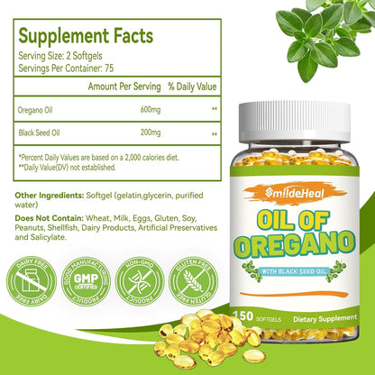 Oregano Oil with Black Seed Oil Softgels – Gluten Free, Non-GMO,150 Softgels, 75-Day Supply