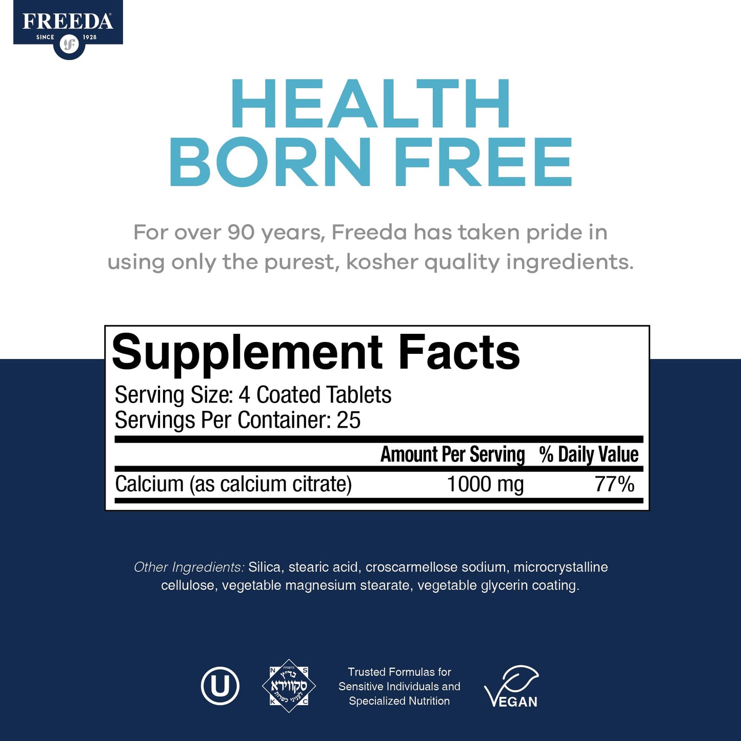 FREEDA Calcium Citrate 1000mg Supplement for Bone Support – 250 Tablets | Supports Bone Strength, Teeth, & Muscle Function – Highly Absorbable Calcium Formula – No Vit D, Vegan, Kosher, Made in USA