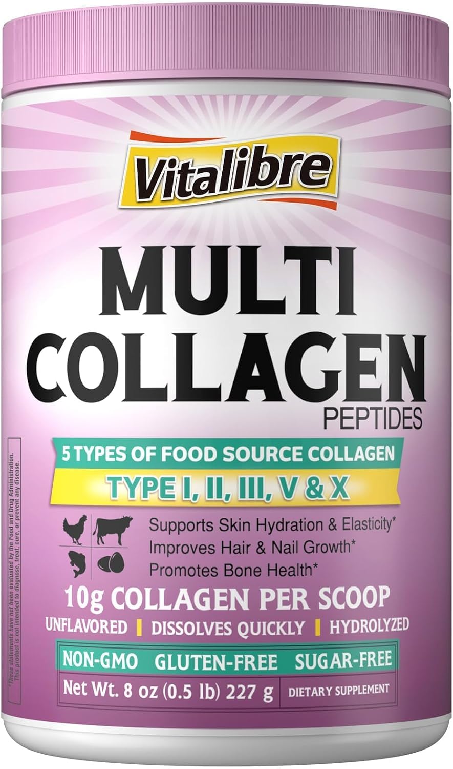 Vitalibre Multi Collagen Peptides Powder Type I II III V X, Hydrolyzed Collagen Protein for Women and Men, Skin, Hair, Nails, Unflavored, Non-GMO, Keto & GF, Zero Sugar, 22 Servings, 8oz