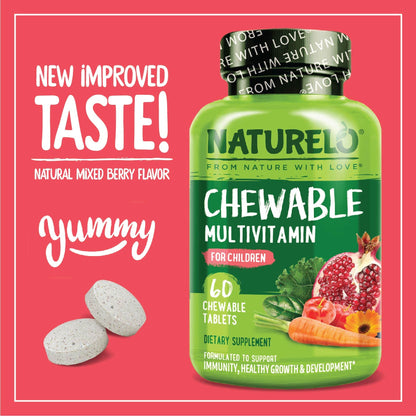 NATURELO Chewable Vitamin for Kids Multivitamin with Whole Food Organic Fruit Blend - 60 Tablets for Children