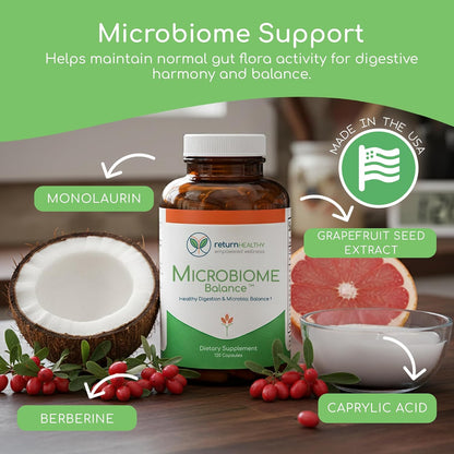 Microbiome Balance – Gut Health Supplement for Women and Men with Monolaurin & Caprylic Acid – Supports Digestive Wellness & Healthy Gut Environment – 120 Capsules