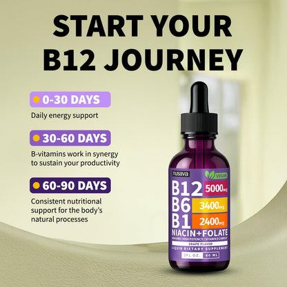 NUSAVA (2 Pack) Vitamin B12 Liquid Drops with B6, B1, Niacin & Folate — B12 Sublingual Vitamin B Complex, Methylcobalamin 5000 mcg, for Energy, Brain & Heart Support, Raspberry Flavor, 80 Servings