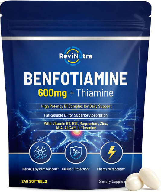 Vitamin B1 Benfotiamine 600mg Softgels, Thiamine HCl Supplements with Magnesium, Zinc, L-Theanine, ALA, Acetyl-L-Carnitine for Energy & Nervous System Support, Non-GMO, 240 Softgels Capsules