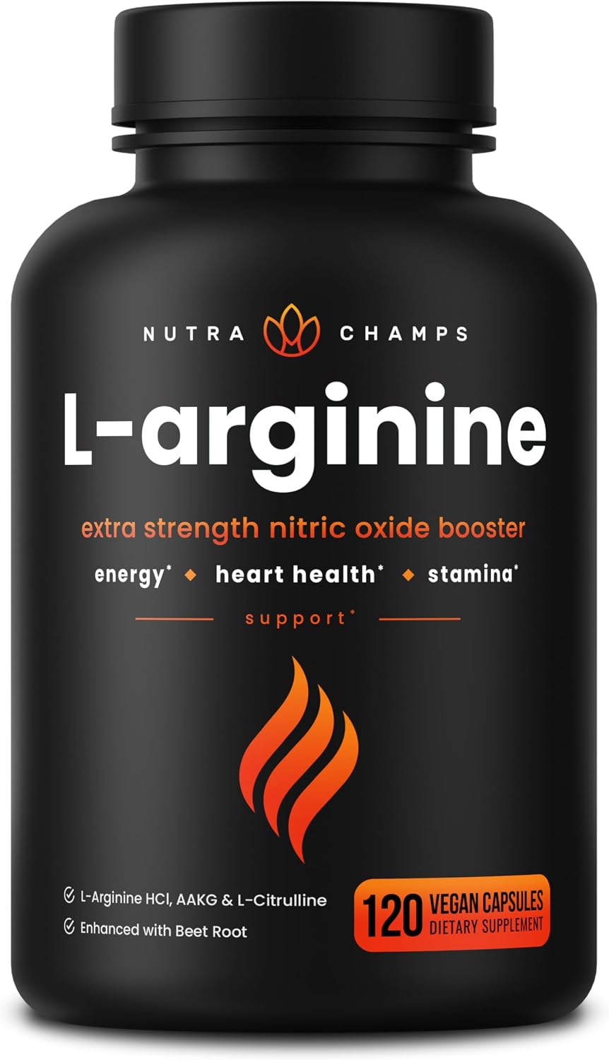 NutraChamps L-Arginine Supplement 1000mg + L-Citrulline 250mg & Beet Root – Nitric Oxide Booster for Heart Health, Energy & Stamina – Extra Strength Amino Acid Complex – 120 Vegan Capsules