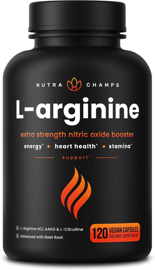 NutraChamps L-Arginine Supplement 1000mg + L-Citrulline 250mg & Beet Root – Nitric Oxide Booster for Heart Health, Energy & Stamina – Extra Strength Amino Acid Complex – 120 Vegan Capsules