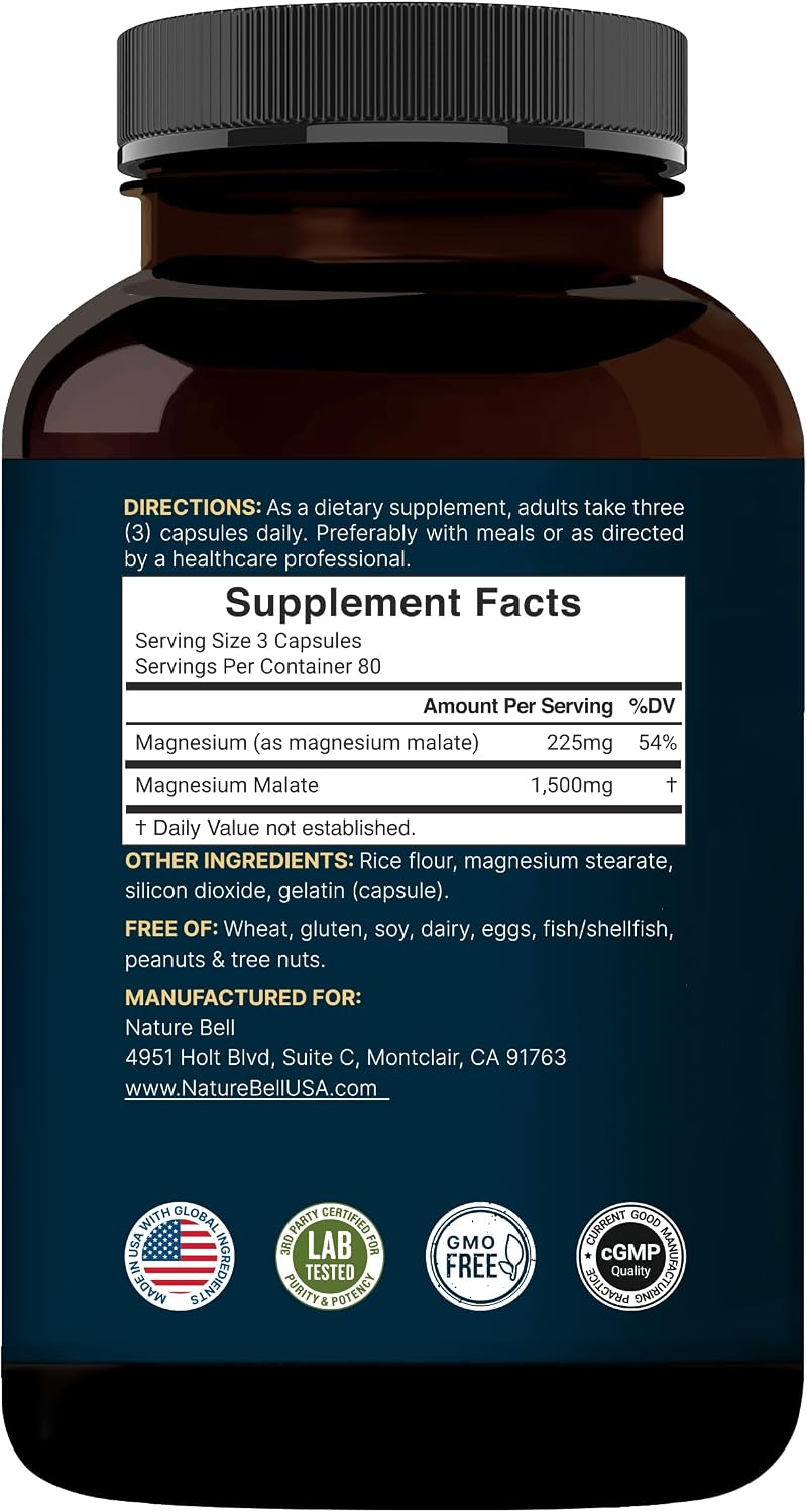 NatureBell Magnesium Malate 1,500mg, 240 Capsules | Chelated for High Absorption | Energy & Nervous System Support | Non-GMO, Gluten-Free