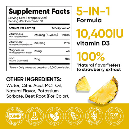5-in-1 Vitamin D3 K2 Drops, Vitamin D3 10400 IU & K2(MK-7) 200mcg | With Magnesium, MCT Oil, Zinc, Maximum Absorption Vitamin D Liquid for Bone, Mood & Immune - Sugar Free | 2 FL OZ | 60 Days