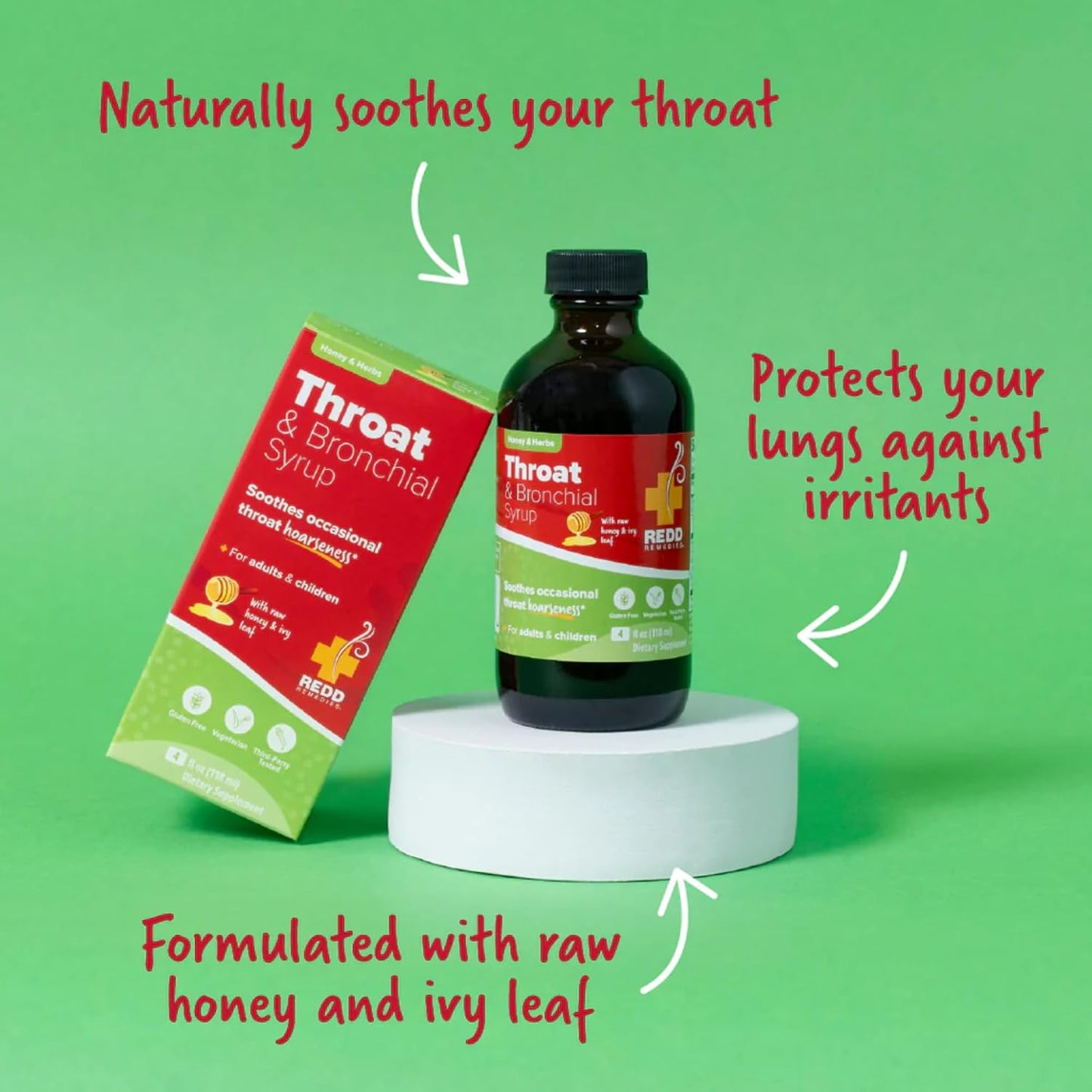 Redd Remedies, Throat & Bronchial Syrup, Honey & Herbs, 4 oz (24 Doses)