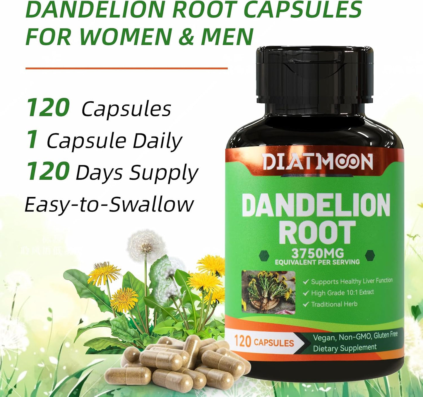 Dandelion Root Supplement 3750mg, 100% Vegetarian, Non-GMO, Gluten Free, 120 Capsules, 4 Month Supply