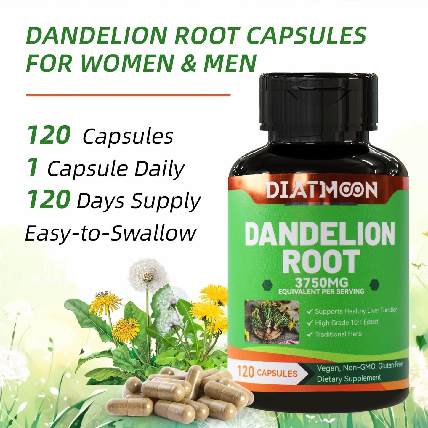 Dandelion Root Supplement 3750mg, 100% Vegetarian, Non-GMO, Gluten Free, 120 Capsules, 4 Month Supply