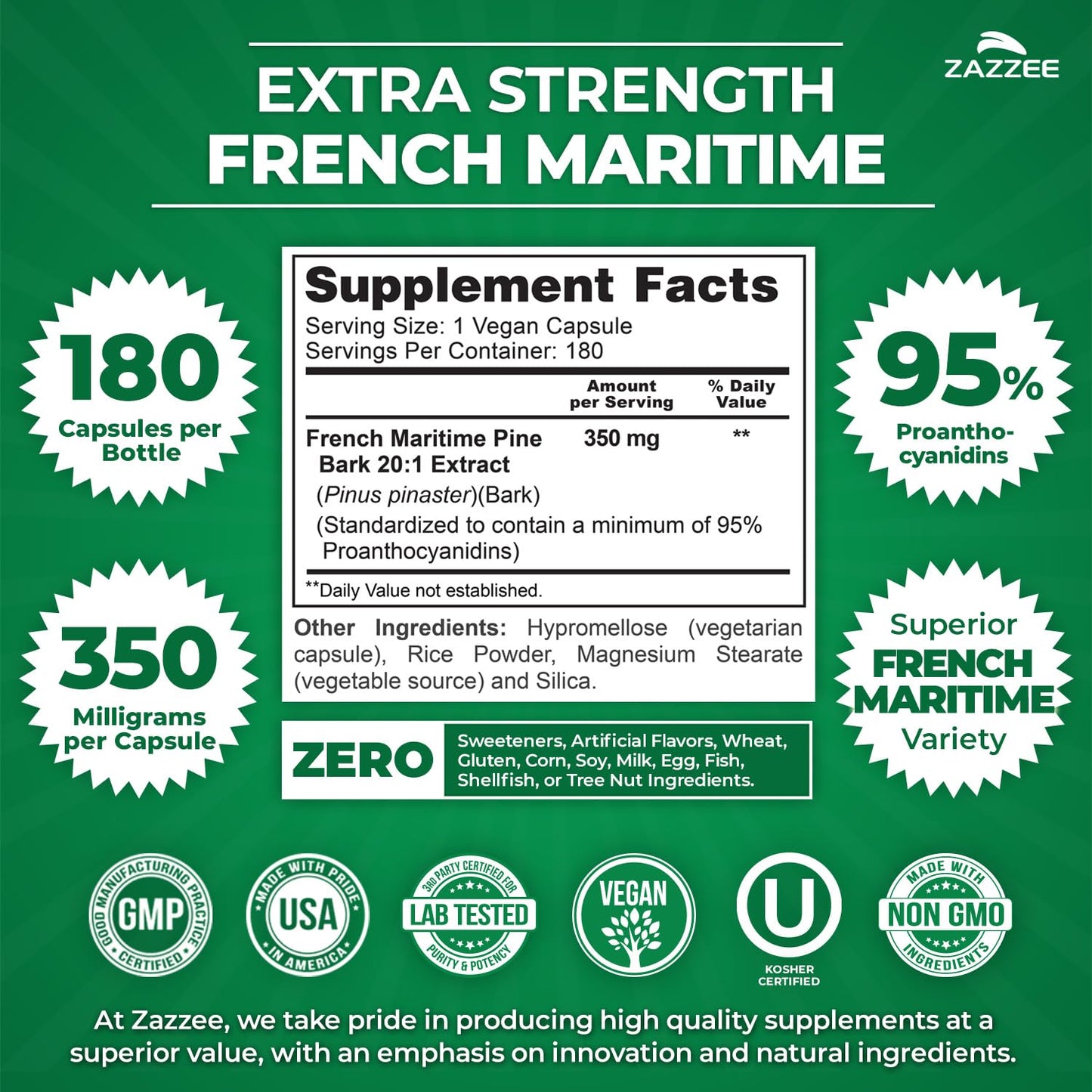 Zazzee Extra Strength French Maritime Pine Bark Extract 20:1, 350 mg Per Capsule, 95% Proanthocyanidins, 180 Vegan Capsules, 6 Month Supply, Certified Kosher, Antioxidant Support, Non-GMO, Made in USA