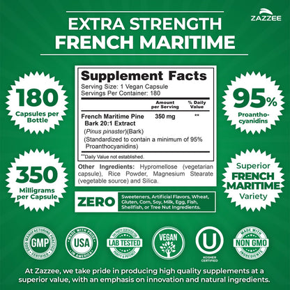 Zazzee Extra Strength French Maritime Pine Bark Extract 20:1, 350 mg Per Capsule, 95% Proanthocyanidins, 180 Vegan Capsules, 6 Month Supply, Certified Kosher, Antioxidant Support, Non-GMO, Made in USA