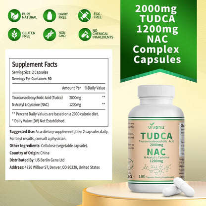 VivoNu TUDCA 625mg + NAC 375mg Supplement Complex Capsules, TUDCA Bile Salt + N Acetyl Cysteine, Antioxidant Supplements for Liver&Lung&Digestion&Gallbladder Cleanse(180 Capsules)