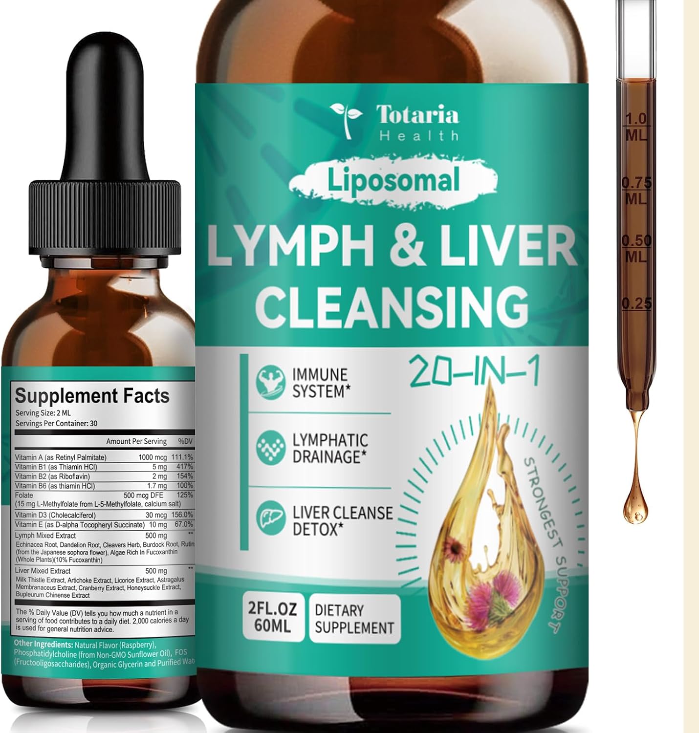 Totaria Strongest ''Lymph-Liver'' Cleanse Detox, Liposomal Organic Milk Thistle, Echinacea, Artichoke Lymphatic Drainage & Liver Repair Supplement with All Vitamins, 2 Fl.Oz
