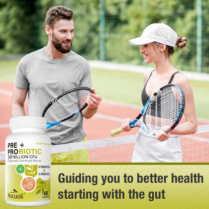 Prebiotics and Probiotics - 300 Billion CFU, 24 Probiotic+15 Herbs, 60 Caps | Probiotics for gut health, Immune & Digestive, Bloating - Probiotics for Women & Men