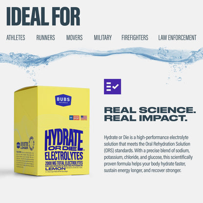 BUBS Naturals - Hydrate or Die Electrolytes Powder Packets for Fast Absorption | Premium 2000mg Electrolyte Powder | for Sports, Recovery & Well-Being (Natural Mixed Berry Flavor, 20 Sticks)