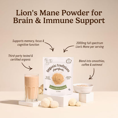 Organic Traditions Lion’s Mane Powder, Organic Full Spectrum Mushroom Powder, 2000 mg Serving for Smoothies, Wellness Drinks, Versatile Superfood Ingredient, Daily Wellness Routines, 228g / 8oz