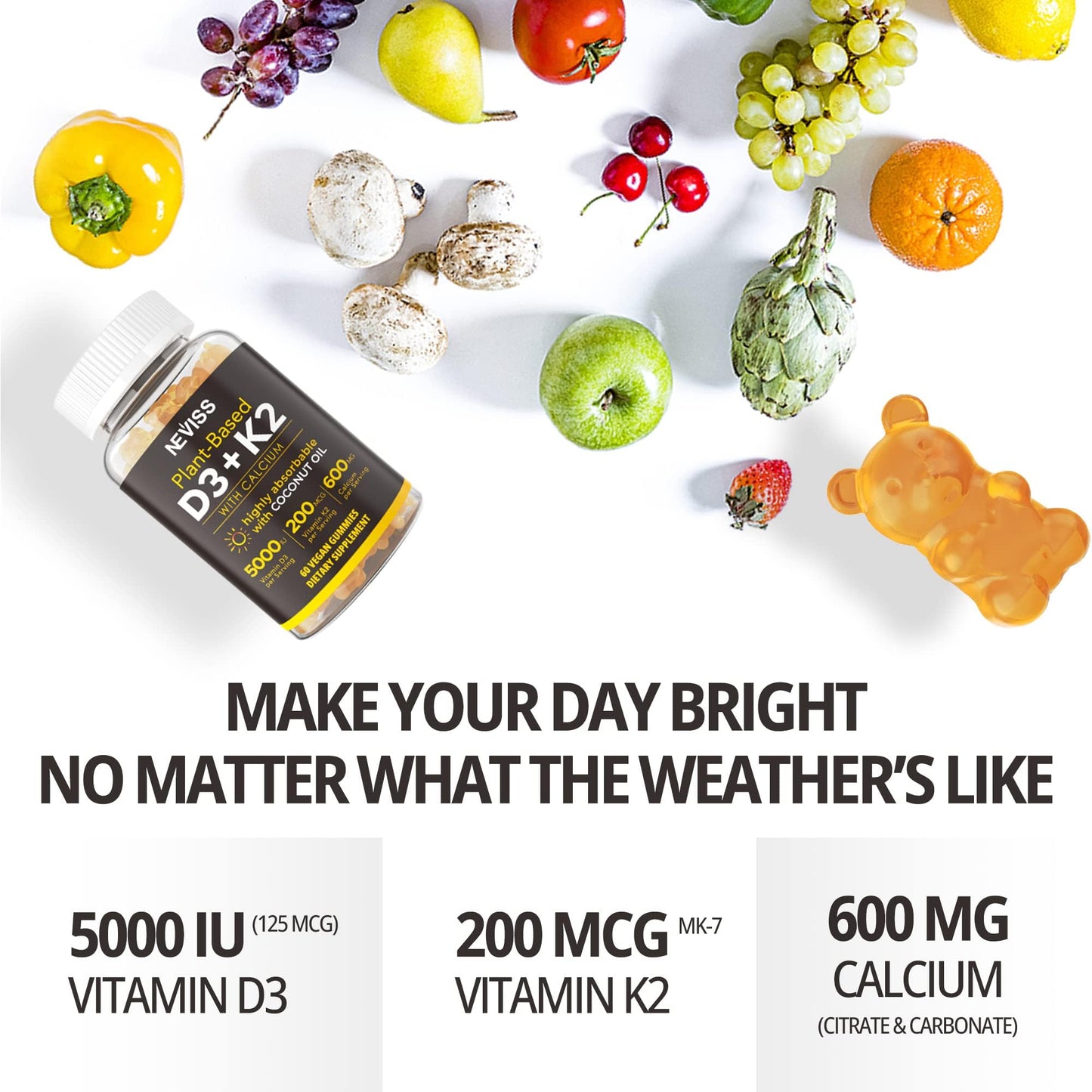Vitamin D3 K2 Gummies - Vitamin D3 5000iu & K2 Vitamin 200mcg + Calcium 600mg for Adults & GLP-1 Friendly, with Coconut Oil for High Absorption, Support for Bone Muscle Teeth Immune, Vegan 120Count