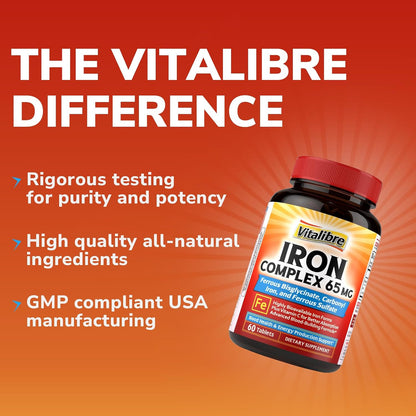 Iron Supplement, 65mg Complex Ferrous Bisglycinate, Sulfate, Carbonyl Iron | with Natural Vitamin C, Stomach Friendly Iron Pills for Blood Building, High Absorption, Non GMO, 60 Vegan Tabs