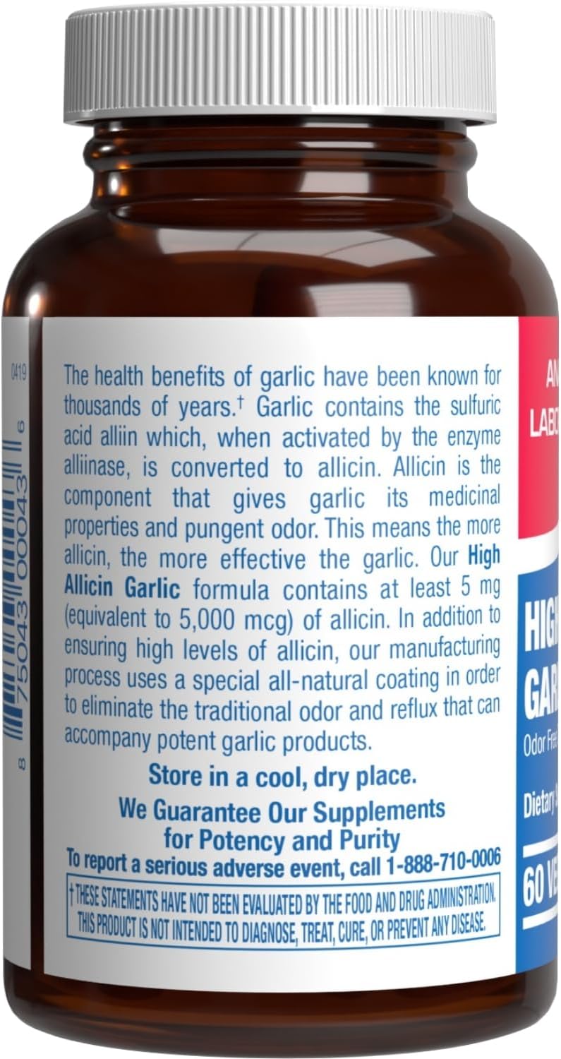 High Allicin Odorless Garlic Pills - Clinical Formula Allicin Supplement for Heart and Immune Support - Vegetarian Non-GMO & Made in The USA in cGMP Facilities - 60 Servings