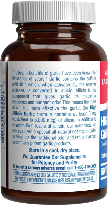 High Allicin Odorless Garlic Pills - Clinical Formula Allicin Supplement for Heart and Immune Support - Vegetarian Non-GMO & Made in The USA in cGMP Facilities - 60 Servings