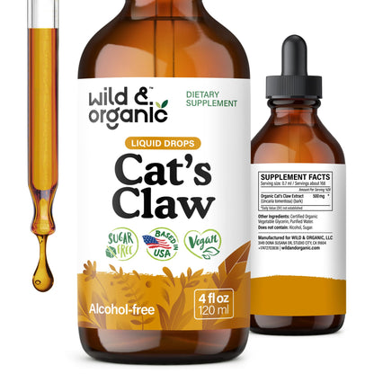 Wild & Organic Cats Claw Herb Supplement - Immune Support - Pure Cats Claw Tincture - Add to Tea Liquid Drops - Uncaria Tomentosa Bark - Vegan, Sugar & Alcohol-Free - 4 fl oz