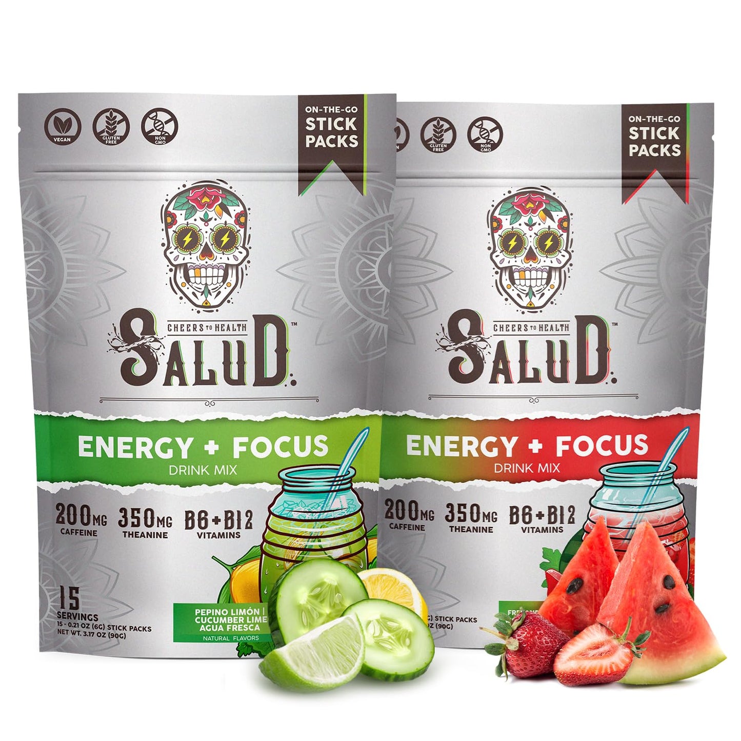 Salud 2-Pack |2-in-1 Energy + Focus (Cucumber Lime) & Energy + Focus (Strawberry Watermelon) – 15 Servings Each, Agua Fresca Drink Mix, Non-GMO, Gluten Free, Vegan, Low Calorie, 1g of Sugar