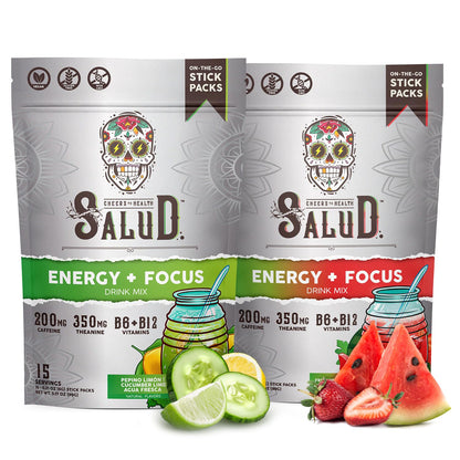 Salud 2-Pack |2-in-1 Energy + Focus (Cucumber Lime) & Energy + Focus (Strawberry Watermelon) – 15 Servings Each, Agua Fresca Drink Mix, Non-GMO, Gluten Free, Vegan, Low Calorie, 1g of Sugar