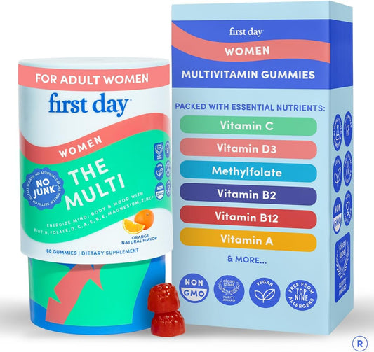 FIRST DAY Women's Multivitamin Gummies with Methylated Folate, 60 Gummies | Vegan daily multivitamin for women with biotin, zinc and organic superfood blend; take 2 gummies daily for everyday nutrition
