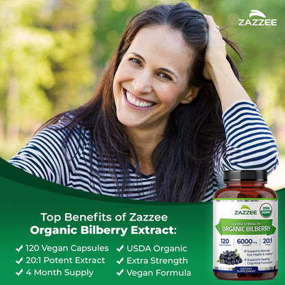 Zazzee USDA Organic Bilberry 20:1 Extract, 120 Vegan Capsules, 4 Month Supply, Vaccinium Myrtillus, Eye Health, Vision & Antioxidant Support, All-Natural, Non-GMO, Made in the USA