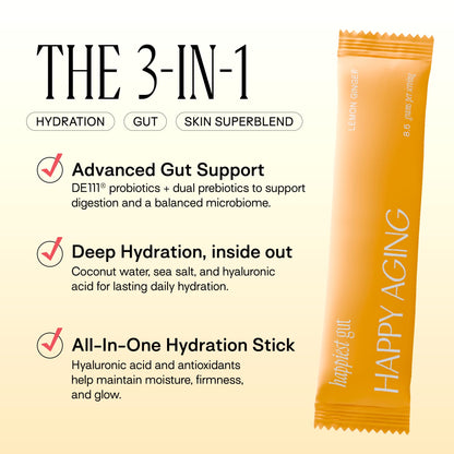 Happy Aging Electrolytes Powder Packets for Women - Sugar Free Hydration & Gut Health with Hyaluronic Acid & Bacillus Subtilis DE111 Probiotics - Dual Prebiotic System for Skin Beauty