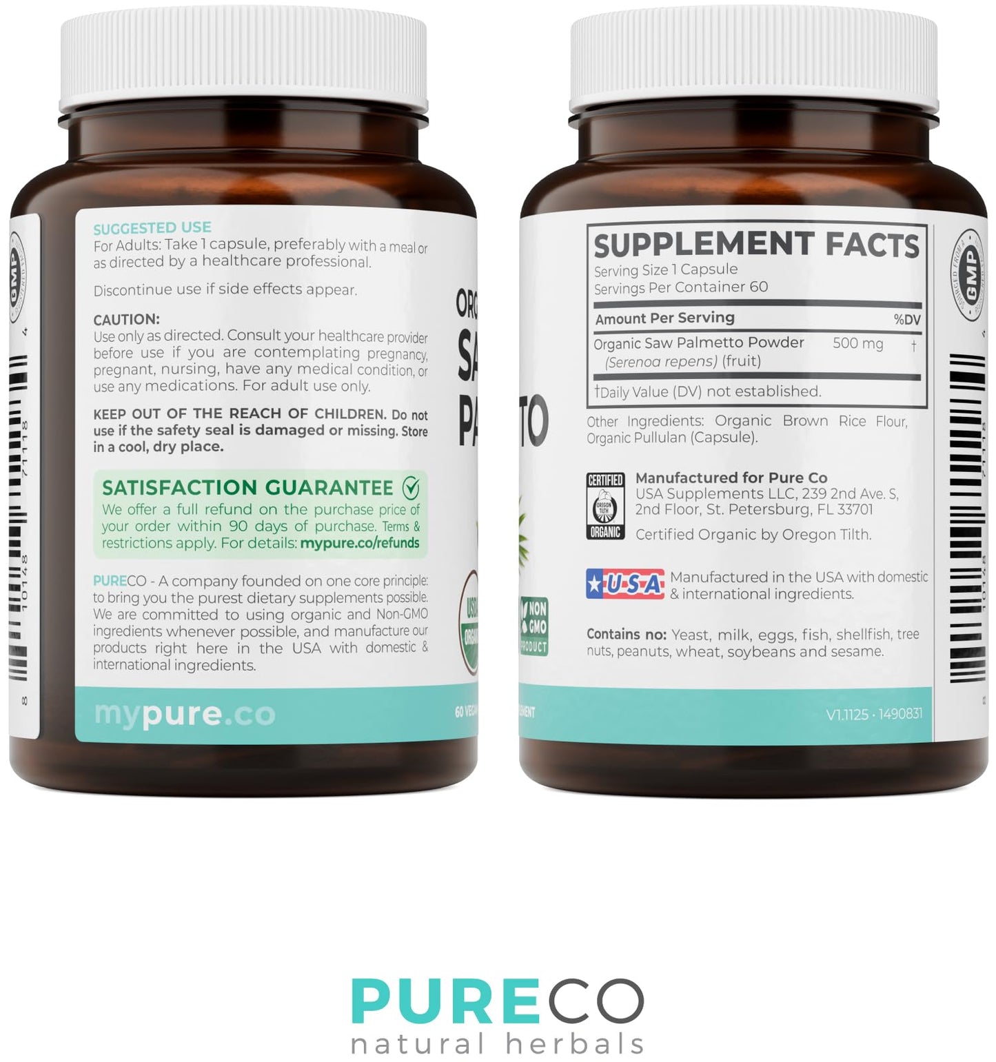PURE CO USDA Organic Saw Palmetto Supplement - Organic Saw Palmetto for Women & Men's Urinary Tract Prostate & DHT Blocker for Women - Whole Berries - Vegan Non-GMO & Lab Verified (2 Month Supply)