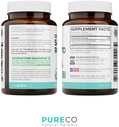 PURE CO USDA Organic Saw Palmetto Supplement - Organic Saw Palmetto for Women & Men's Urinary Tract Prostate & DHT Blocker for Women - Whole Berries - Vegan Non-GMO & Lab Verified (2 Month Supply)