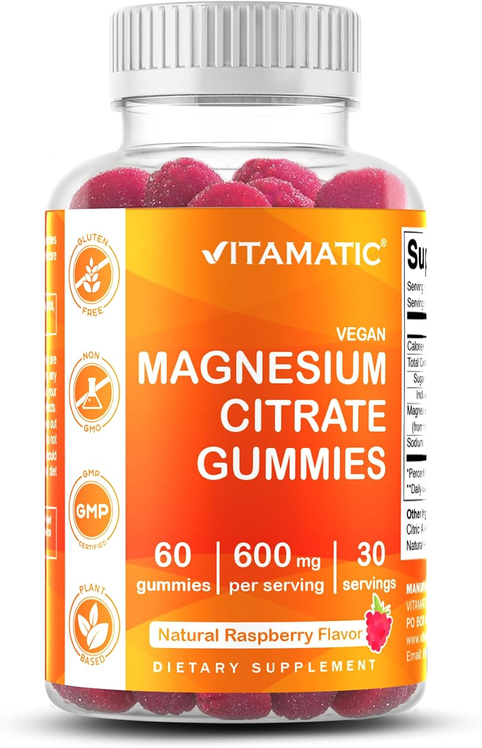 Vitamatic Magnesium Citrate Gummies, 600 mg, 60 Vegan Gummies | 600 mg Magneisum Citrate Per Serving with 70 mg of Elemental Mg, Natural Raspberry Flavor, Non-GMO, Gluten Free, Pectin Based
