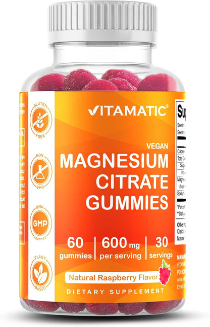 Vitamatic Magnesium Citrate Gummies, 600 mg, 60 Vegan Gummies | 600 mg Magneisum Citrate Per Serving with 70 mg of Elemental Mg, Natural Raspberry Flavor, Non-GMO, Gluten Free, Pectin Based