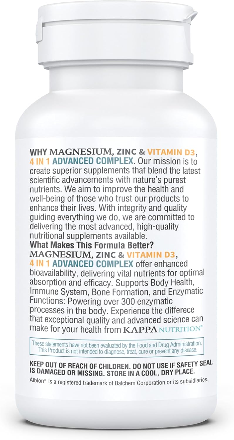 Kappa Nutrition Magnesium 4-in-1, 280mg Elemental Magnesium (Bisglycinate, Malate) + Zinc & Vitamin D3, Brain, Sleep, Energy, Muscle, Immune Support, 120 Vegan Capsules.