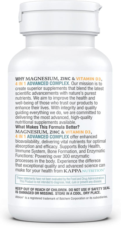 Kappa Nutrition Magnesium 4-in-1, 280mg Elemental Magnesium (Bisglycinate, Malate) + Zinc & Vitamin D3, Brain, Sleep, Energy, Muscle, Immune Support, 120 Vegan Capsules.