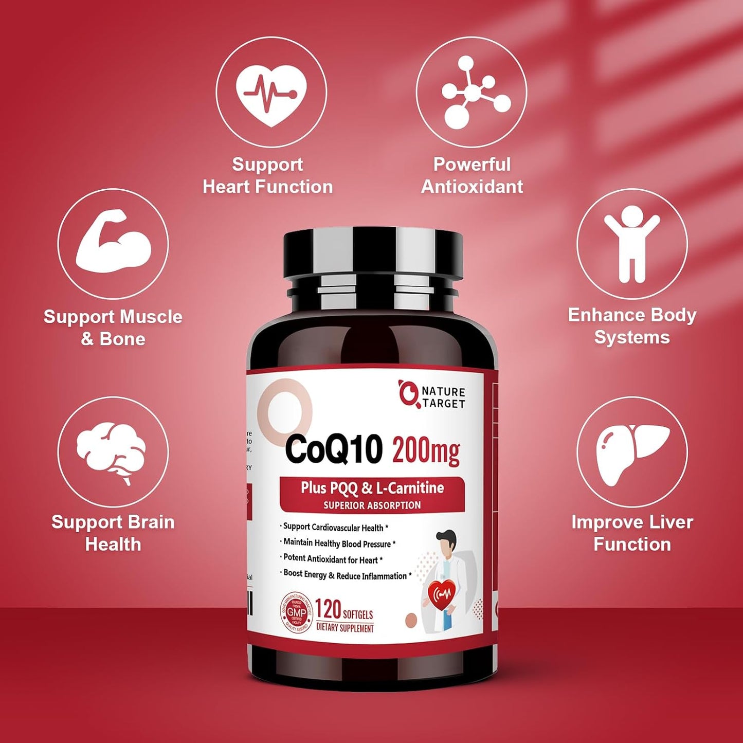 NATURE TARGET CoQ10 200mg with PQQ, L-Carnitine and Omega-3s, 120 Softgels | High-Absorption Coenzyme Q10 with BioPerine Supports Heart, Immune Health and Cellular Energy Production